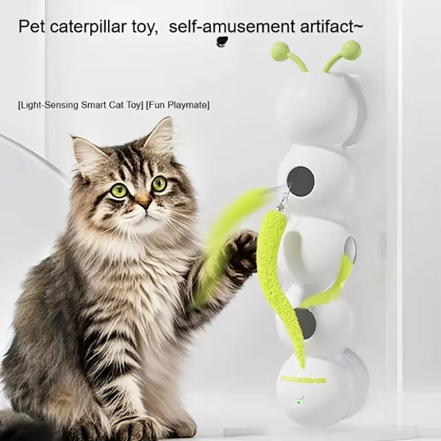 Smart Interactive Caterpillar Cat Toy for Indoor Cats in a bright green color with segmented body and tiny moving legs.
