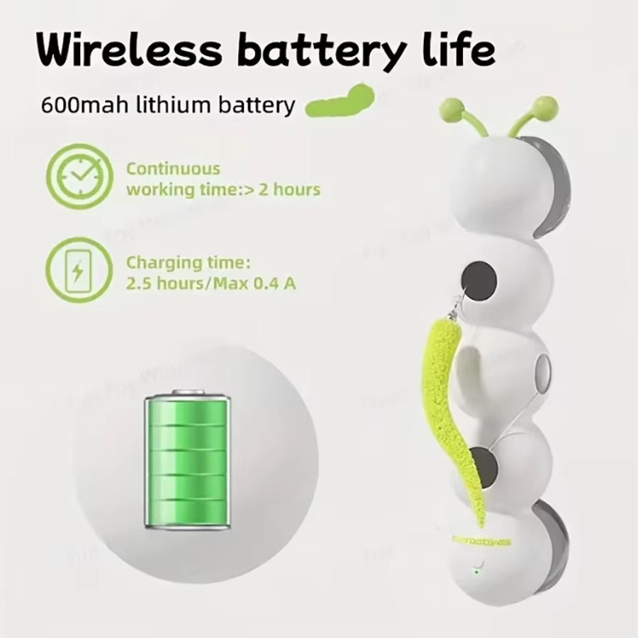 Smart Interactive Caterpillar Cat Toy for Indoor Cats in a bright green color with segmented body and tiny moving legs.
